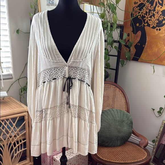 Free People Cozy Nights Cream Crochet Lace Babydoll Mini Dress - Picture 2 of 5